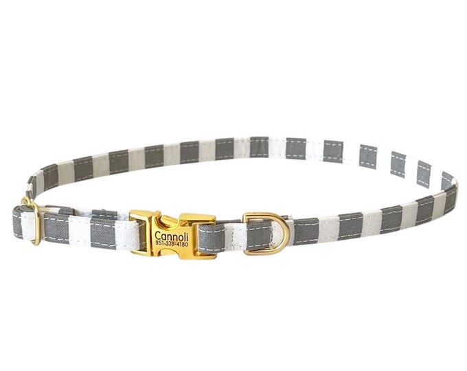 3/8" Dainty Gray White Stripes Personalized Collar. Handmade in USA. Fabric Style. Tagless Dog ID