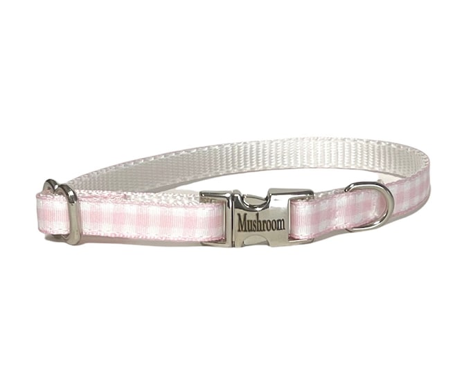 3/8" Dainty Pink Gingham personalized dog collar. Handmade in the USA