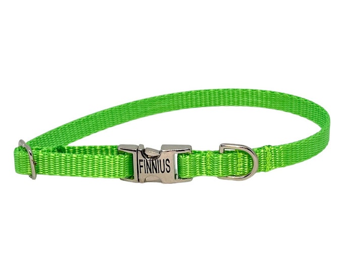 3/8" Dainty Personalized Collar - Neon Green - Handmade in USA. Tagless Dog ID