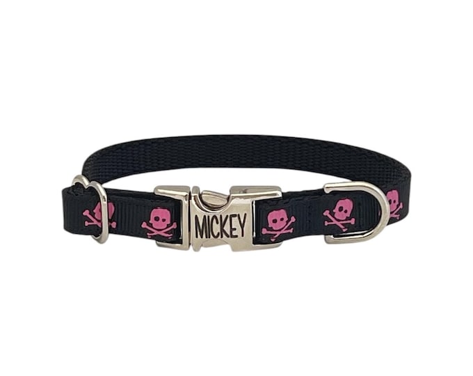 3/8" Dainty Pink Skulls Personalized Dog Collar. Handmade in the USA