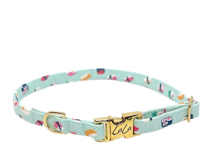 3/8" Dainty Sushi Lovers Personalized Collar. Handmade in USA. Fabric Style. Tagless Dog ID
