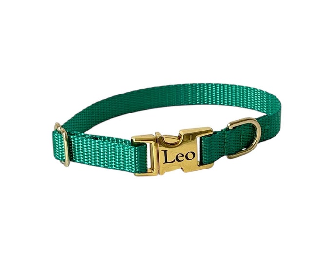 3/8" Dainty Nylon Personalized Collar -  Green - Handmade in USA. Tagless Dog ID
