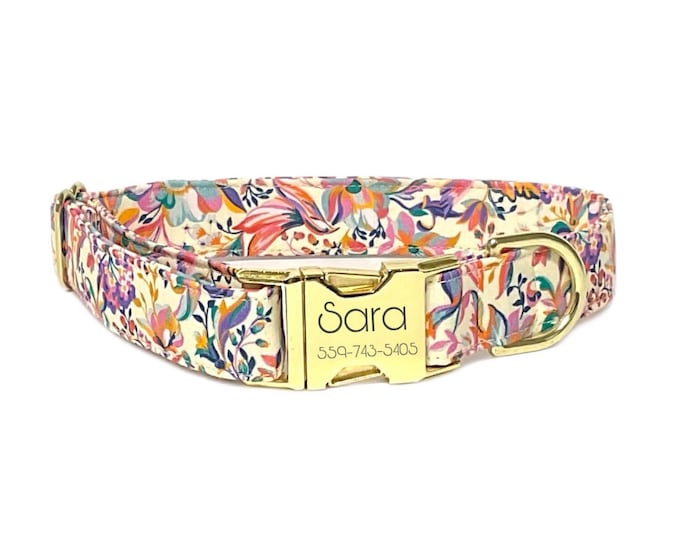 Antique Floral Personalized Collar. Handmade in USA. Fabric Style. Tagless Dog ID.
