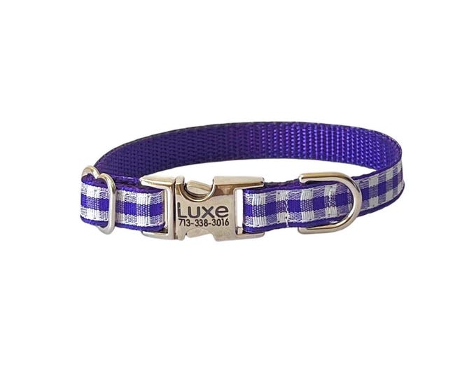 3/8" Dainty Purple Gingham Personalized Dog Collar. Handmade in the USA