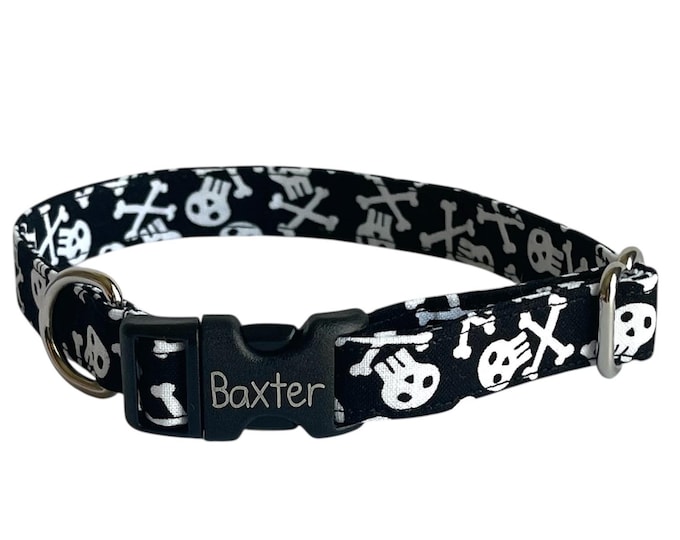 Skull and Bone Halloween Personalized Dog Collar. Handmade in the USA