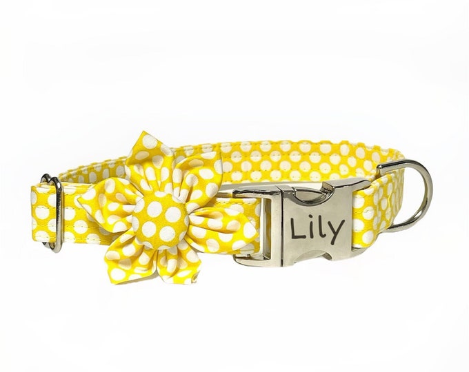 Sunflower Polka Dot Personalized Collar. Handmade in USA. Fabric Style. Tagless Dog ID.