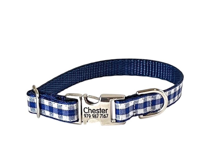 3/8" Dainty Navy Gingham Personalized Dog Collar. Handmade in the USA