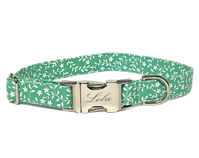 Ditzy Floral Personalized Collar. Handmade in USA. Fabric Style. Tagless Dog ID.