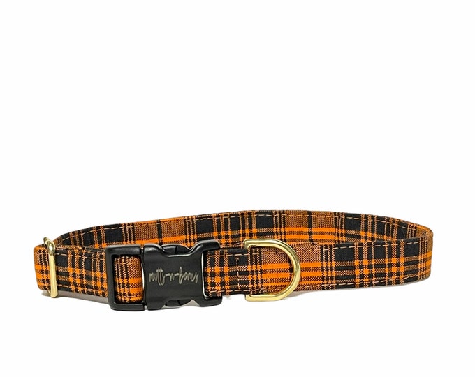 Fall Orange Plaid Dog Personalized Collar, Halloween Autumn Collars. Handmade in the USA