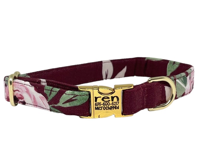 Burgundy Floral Personalized Collar. Handmade in USA. Fabric Style. Tagless Dog ID.
