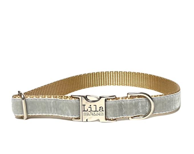 Light Gray Velvet Personalized Collar. Made in the USA