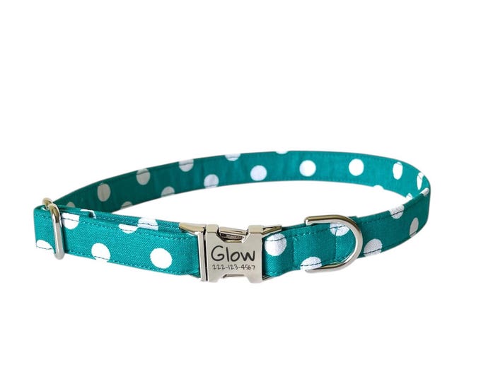5/8" Teal Polka Dot Personalized Collar. Handmade in USA. Fabric Style. Tagless Dog ID
