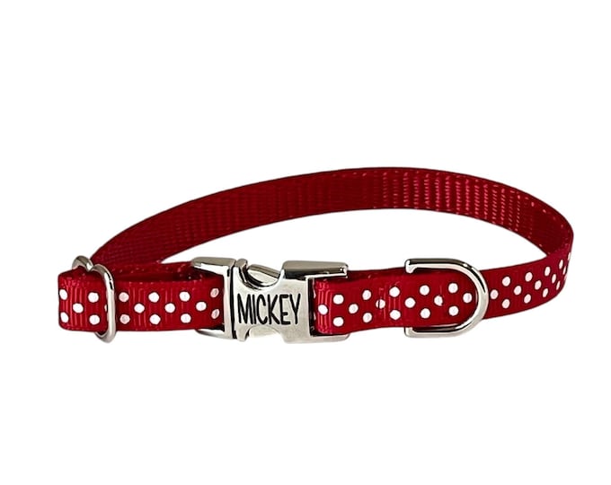 3/8" Dainty Red Polka Dot Personalized Dog Collar. Handmade in the USA