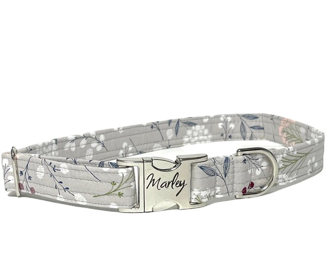 Berry Floral Personalized Collar | Laser Engraved Dog Collar | Fabric Style | Tagless Dog ID