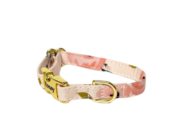 3/8" Dainty Peach Rose Floral Personalized Collar. Handmade in USA. Fabric Style. Tagless Dog ID