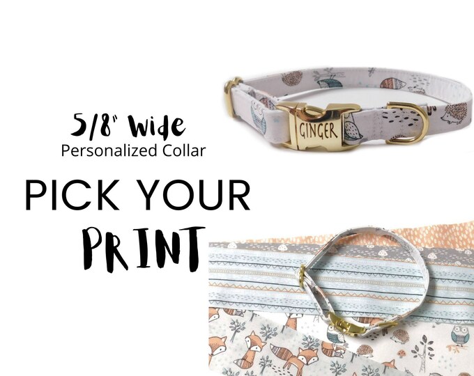 5/8" Wide -Woodland Creature Personalized Collar | Laser Engraved Dog Collar | Fabric Style | Tagless Dog ID