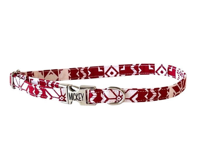 3/8" Dainty Nordic Christmas Snowflake Personalized Collar. Handmade in USA. Fabric Style. Tagless Dog ID