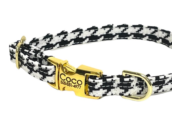 3/8" Dainty Black White Houndstooth Personalized Collar. Handmade in USA. Fabric Style. Tagless Dog ID