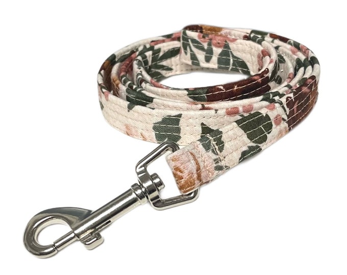 Fabric Dog Leash. Mauve Floral Print. Handmade in USA