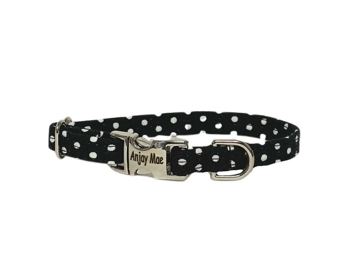 3/8" Dainty Black Polka Dot Personalized Collar. Handmade in USA. Fabric Style. Tagless Dog ID