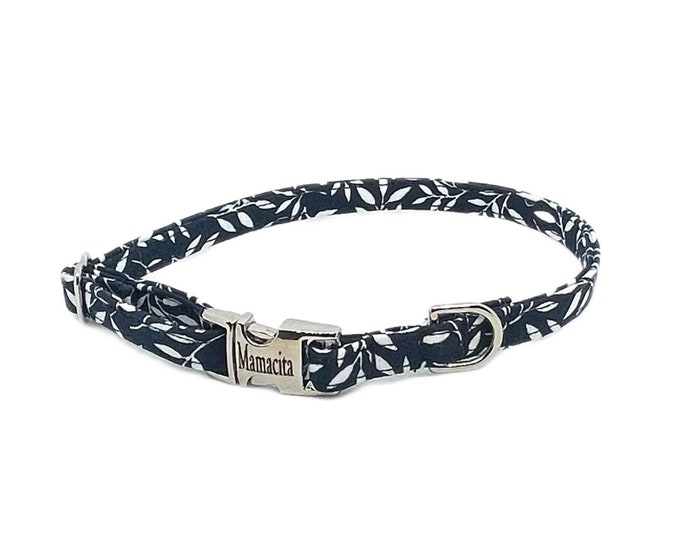 3/8" Dainty Navy Ivy Personalized Collar. Handmade in USA. Fabric Style. Tagless Dog ID