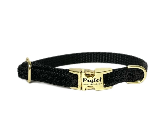 3/8" Dainty Black Sparkle personalized dog collar. Handmade in the USA