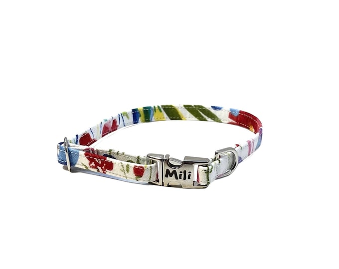 3/8" Dainty Watercolor Floral Personalized Collar. Handmade in USA. Fabric Style. Tagless Dog ID