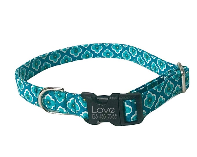 Teal Ogee Babushka Personalized Collar. Handmade in USA. Fabric Style. Tagless Dog ID
