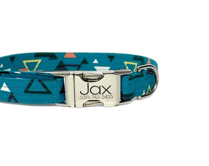 Jax Geo Print Personalized Collar Handmade in USA. Fabric Style. Tagless Dog ID