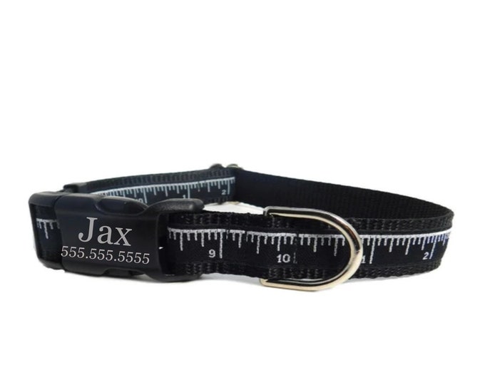 Personalized Dog Collar in Measuring Tape Print. Available in different colors