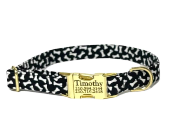 Dog Bone Personalized Collar. Handmade in USA. Fabric Style. Tagless Dog ID.