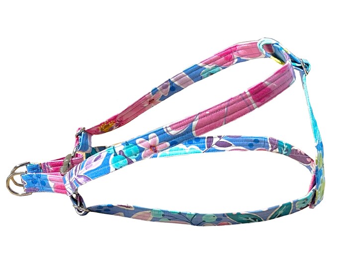 Step-in Dog Harness. Blue Tropical Floral Print. Handmade in USA