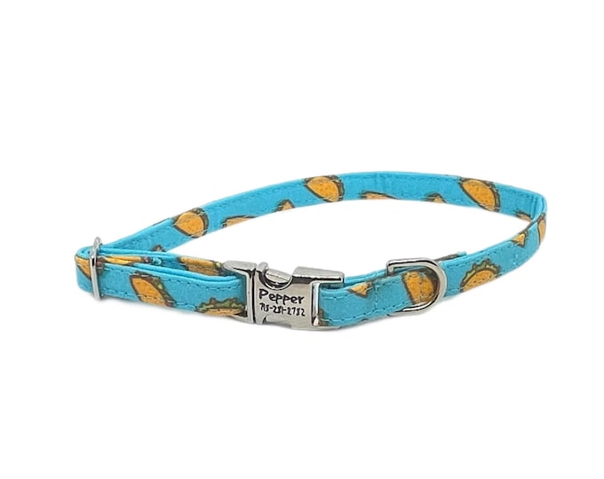3/8" Dainty Taco Tuesday Personalized Collar. Handmade in USA. Fabric Style. Tagless Dog ID