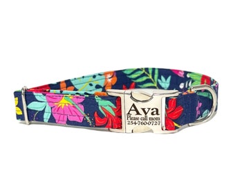 Hawaiian Personalized Collar | Laser Engraved Dog Collar | Fabric Style | Tagless Dog ID