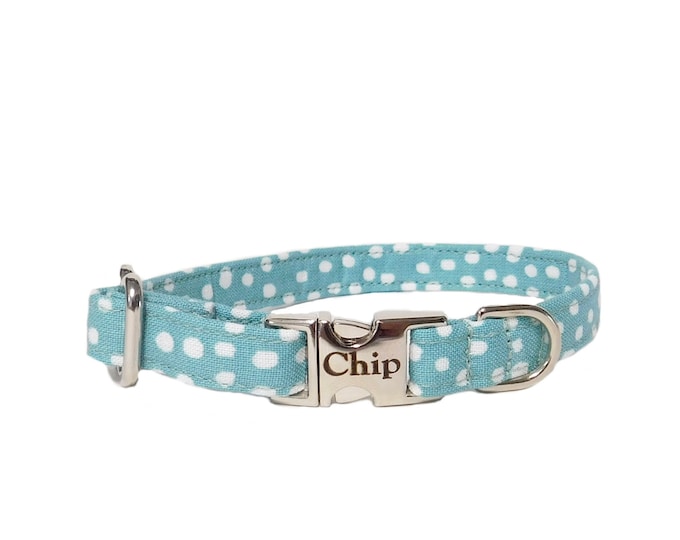 3/8" Dainty Teal Dotty Personalized Collar. Handmade in USA. Fabric Style. Tagless Dog ID