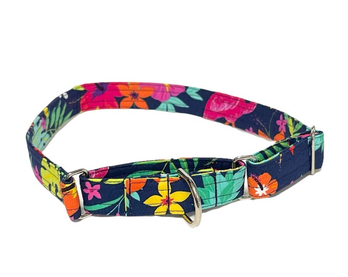Martingale Dog Collar. Navy Hawaiian Floral. Made in USA