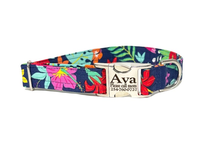 Hawaiian Personalized Collar. Handmade in USA. Fabric Style. Tagless Dog ID.