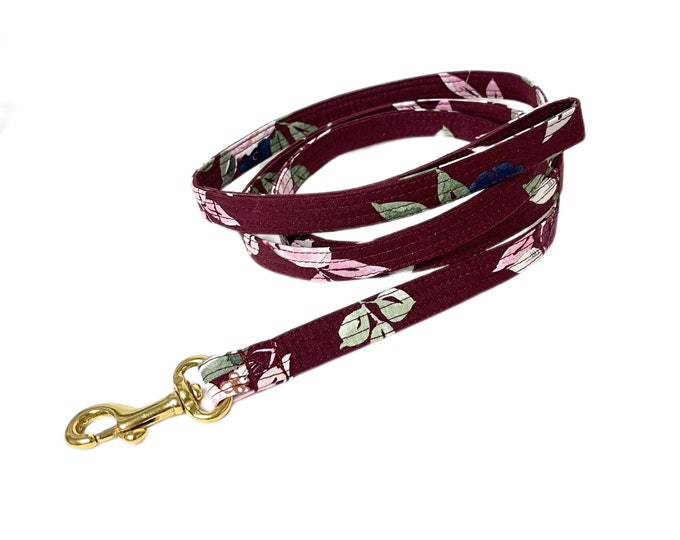 Fabric Dog Leash. Berry Rose Print. Handmade in USA