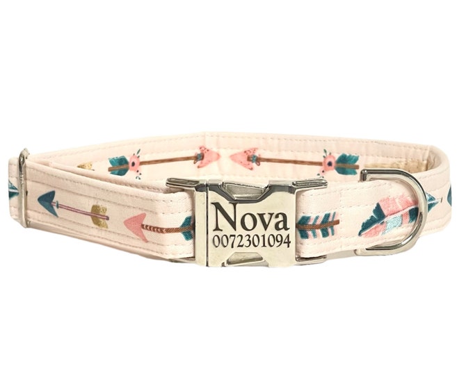 Pink Tribal Arrow Personalized Collar. Handmade in USA. Fabric Style. Tagless Dog ID.