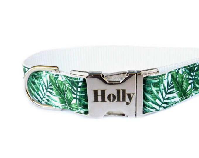 Palm Leaf Dog Collar | Tropical Print | Handmade in USA | Tagless ID tag