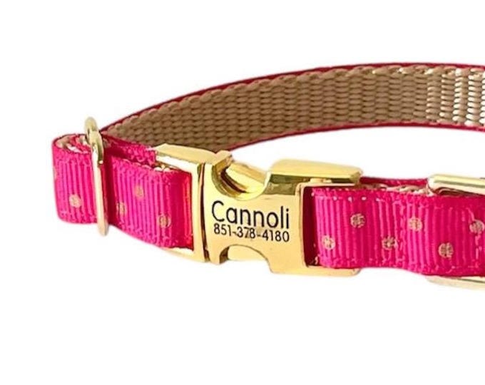 3/8" Dainty Hot Pink Gold Polka Dot Personalized Dog Collar. Handmade in the USA