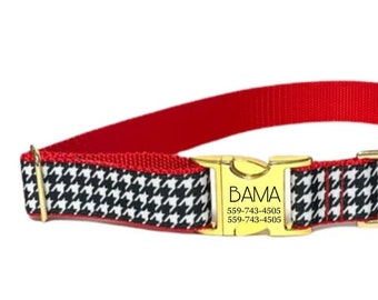 Red Houndstooth Personalized Collar | Bama inspired | Engraved dog collar | Tagless ID tag