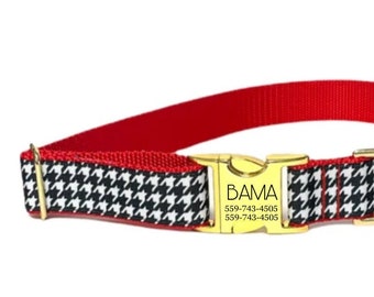 Red Houndstooth Personalized Collar | Bama Roll Tide | Handmade in USA | Tagless ID tag