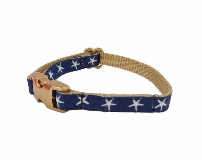 3/8" Navy Starfish Nautical Personalized Dog Collar. Handmade in the USA