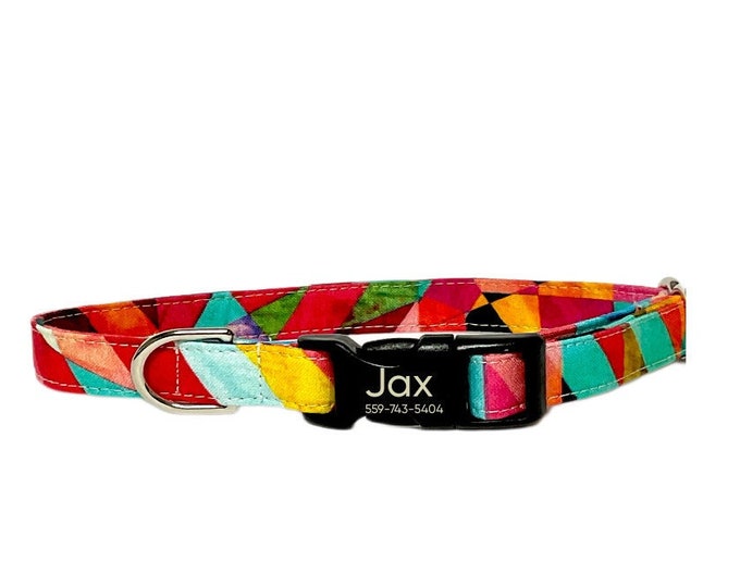 Colorful Geo Print Personalized Collar. Handmade in USA. Fabric Style. Tagless Dog ID.