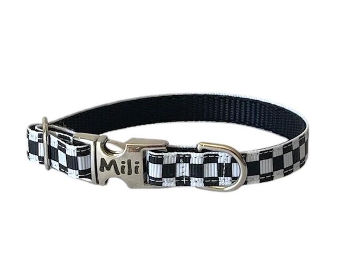 3/8" Dainty Checker Print Personalized Dog Collar. Handmade in the USA