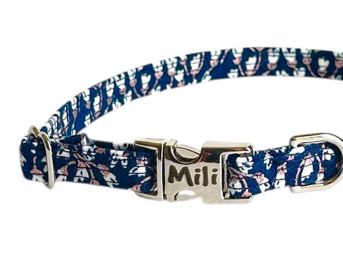 3/8" Dainty Navy Rose Floral Collar  - personalized dog collar