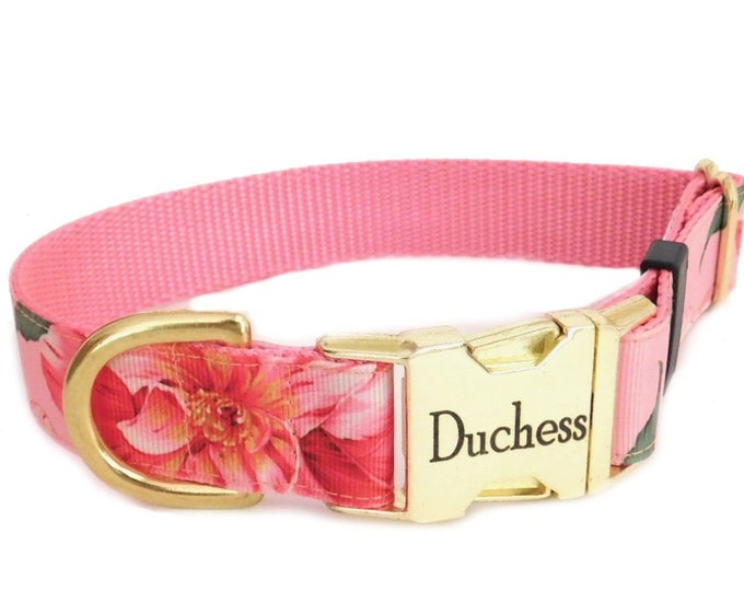 Pink Hawaiian Personalized Collar  | Floral Dog Collar | Engraved dog collar | Tagless ID tag