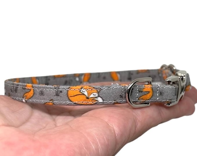 3/8" Gray Fox Dainty Personalized Collar. Handmade in USA. Fabric Style. Only one left