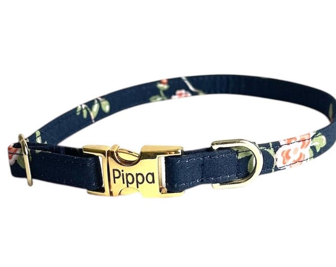 3/8” Dainty Navy Floral Personalized Collar. Handmade in USA. Fabric Style. Tagless Dog ID